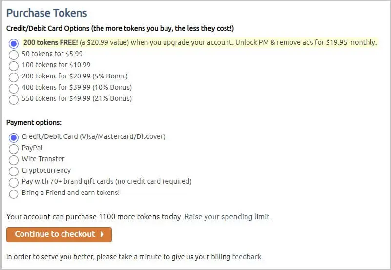 chaturbate token packages